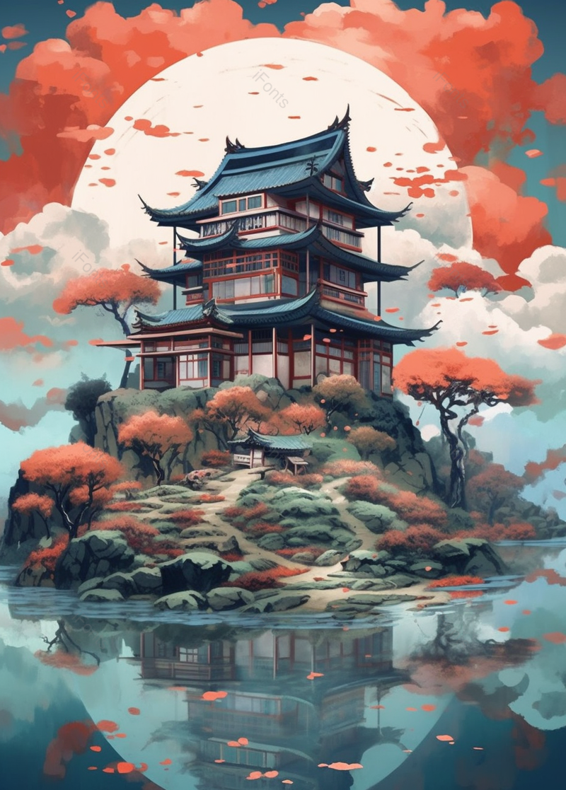 蓝色国潮满月风景建筑插画,插画/手绘图,插画/手绘图库,插画/手绘图下载,插画/手绘